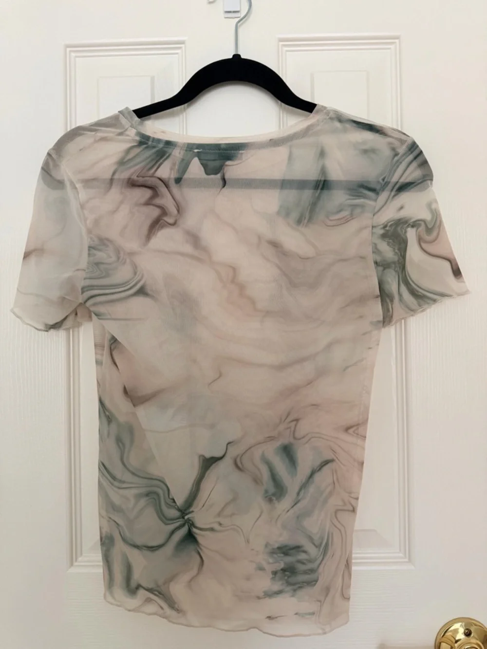 Stradivarius Sheer Marble Print Short Sleeve Top - Cream & Green - Picture 4 of 6